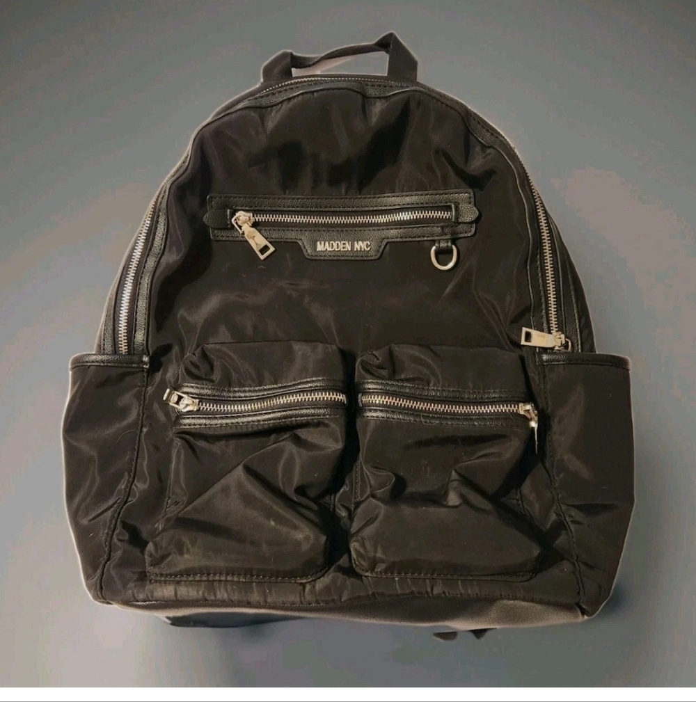 Steve Madden Backpack Purse  Adjustable Straps Black Gold Multi Pockets